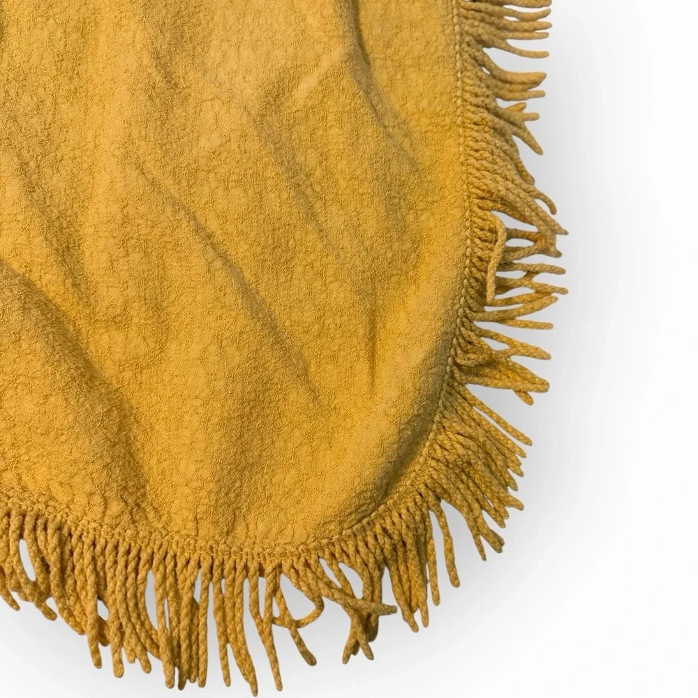Vtg MCM 60s Boho Gold Fringe Tablecloth Textured Rectangle 84